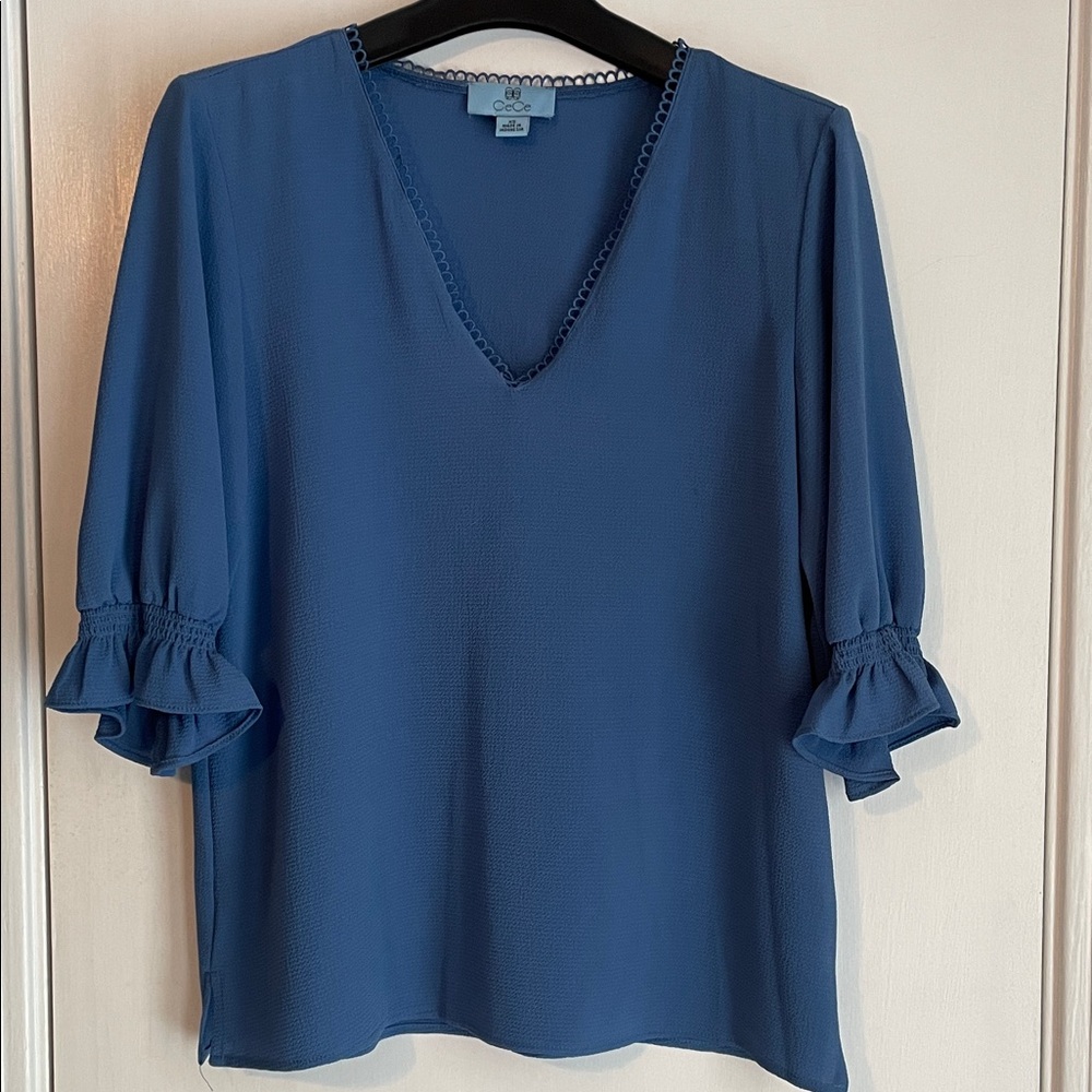 CeCe Blue V-Neck Blouse with Ruffle 3/4 Length Sleeves